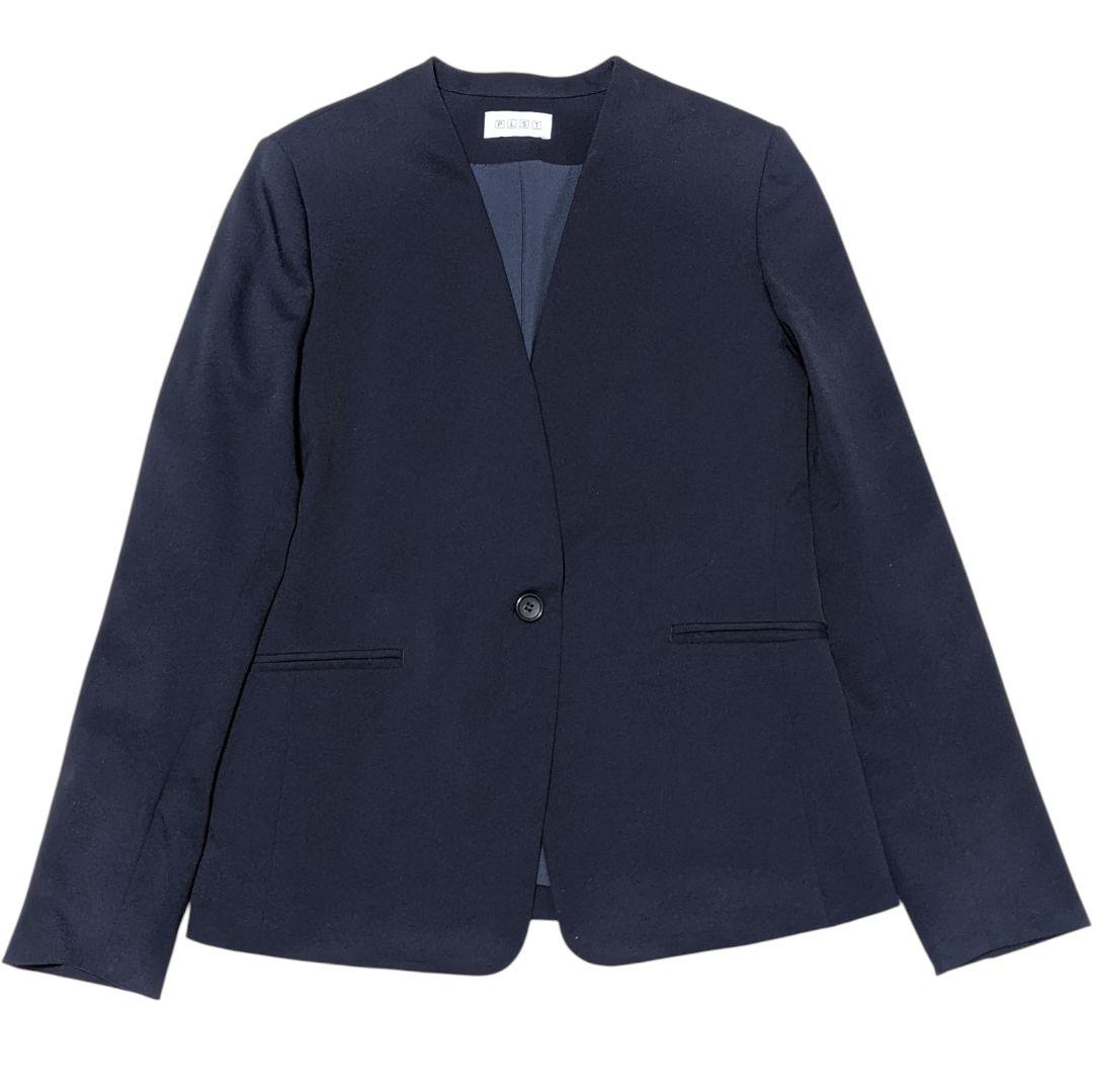 PLST ノーカラー ネイビー パンツスーツ セットアップ M