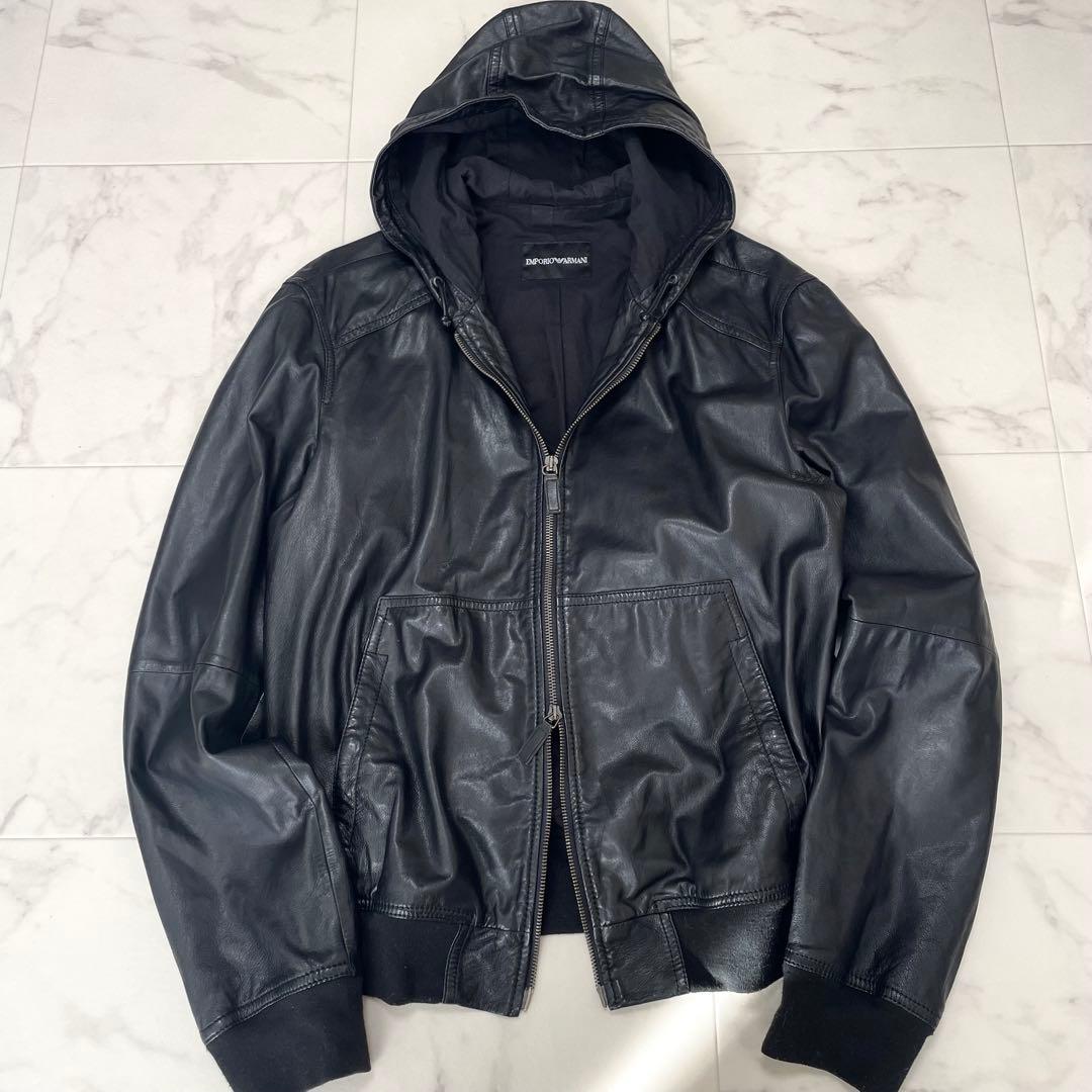 エンポリオアルマーニ 羊革 レザージャケット ブルゾン フード
