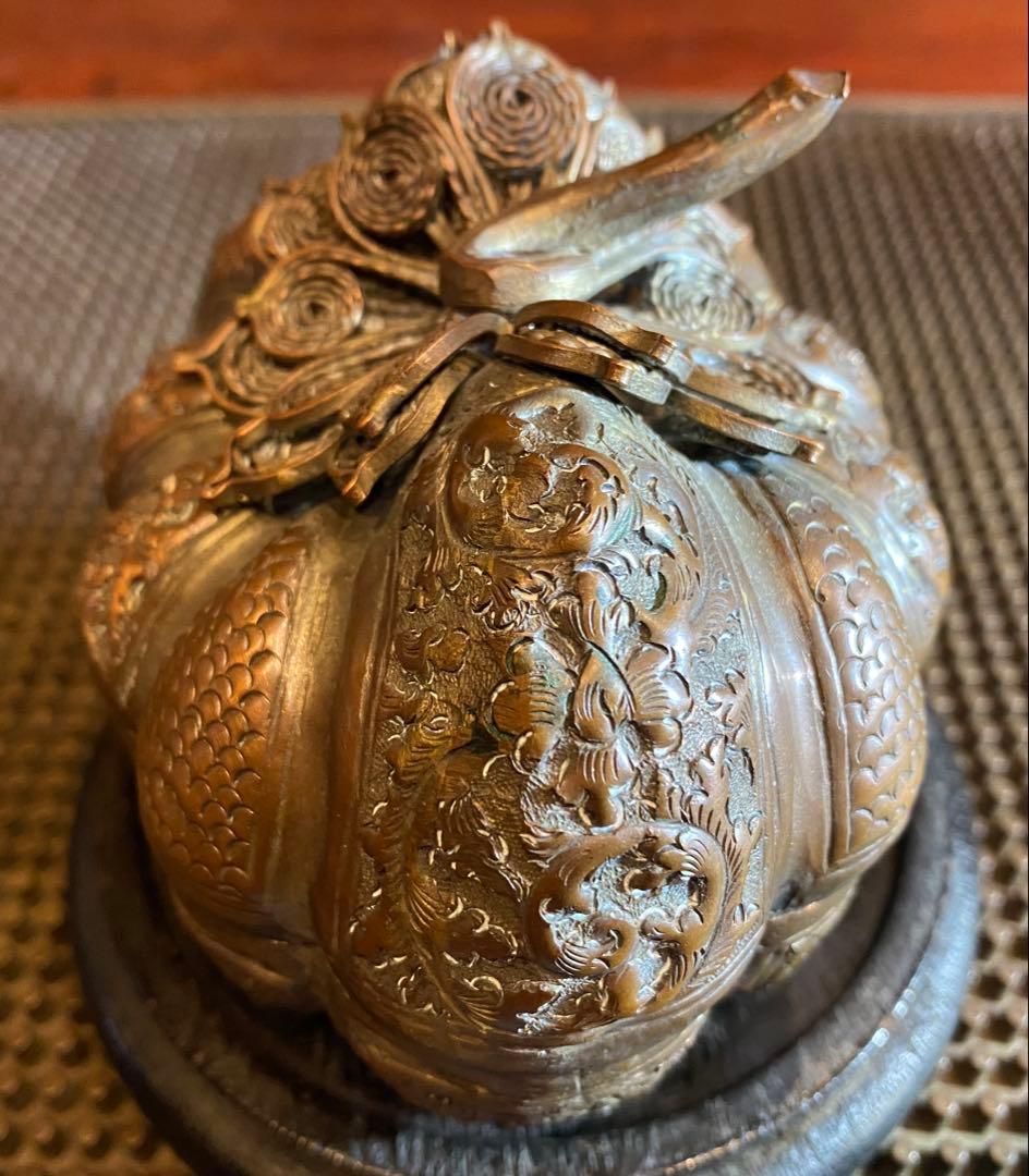 銅銀メッキ パンプキンBox鑑賞台座付 ヴィンテージ レア 中国 台湾茶器