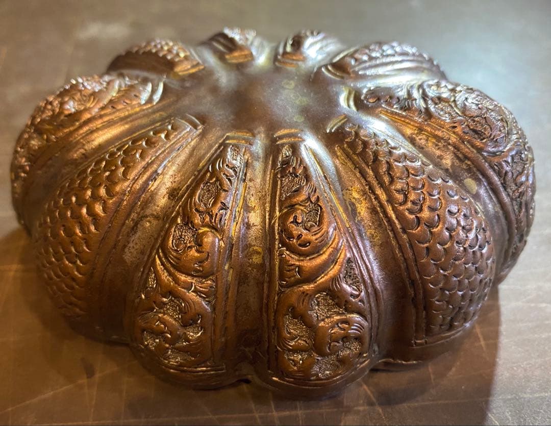 銅銀メッキ パンプキンBox鑑賞台座付 ヴィンテージ レア 中国 台湾茶器