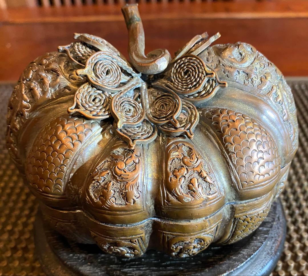 銅銀メッキ パンプキンBox鑑賞台座付 ヴィンテージ レア 中国 台湾茶器