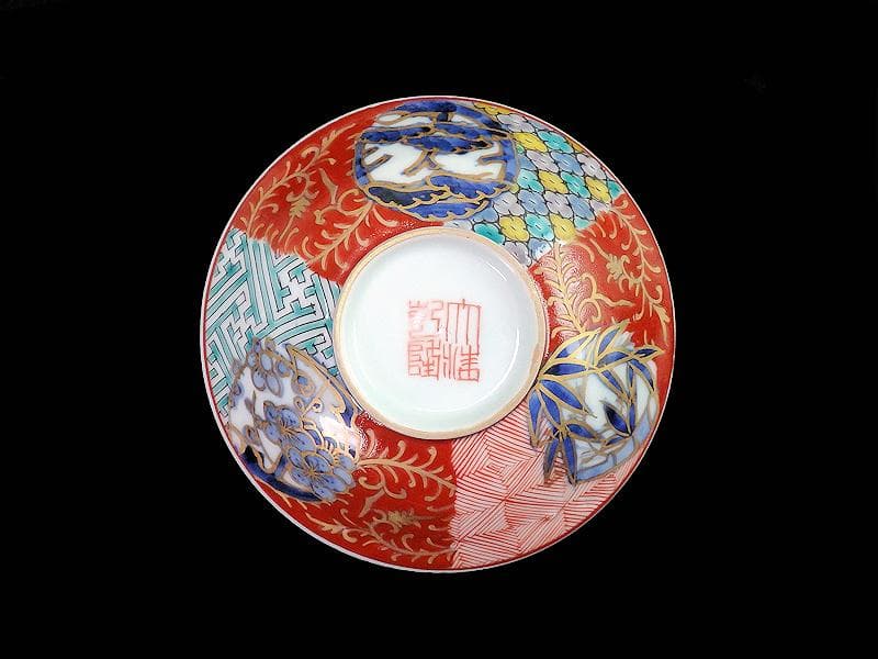 古伊万里 紗綾形紋に金唐草 丸紋に松竹梅の図 大振蓋茶碗 E807AS-CNy