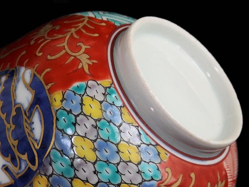 古伊万里 紗綾形紋に金唐草 丸紋に松竹梅の図 大振蓋茶碗 E807AS-CNy