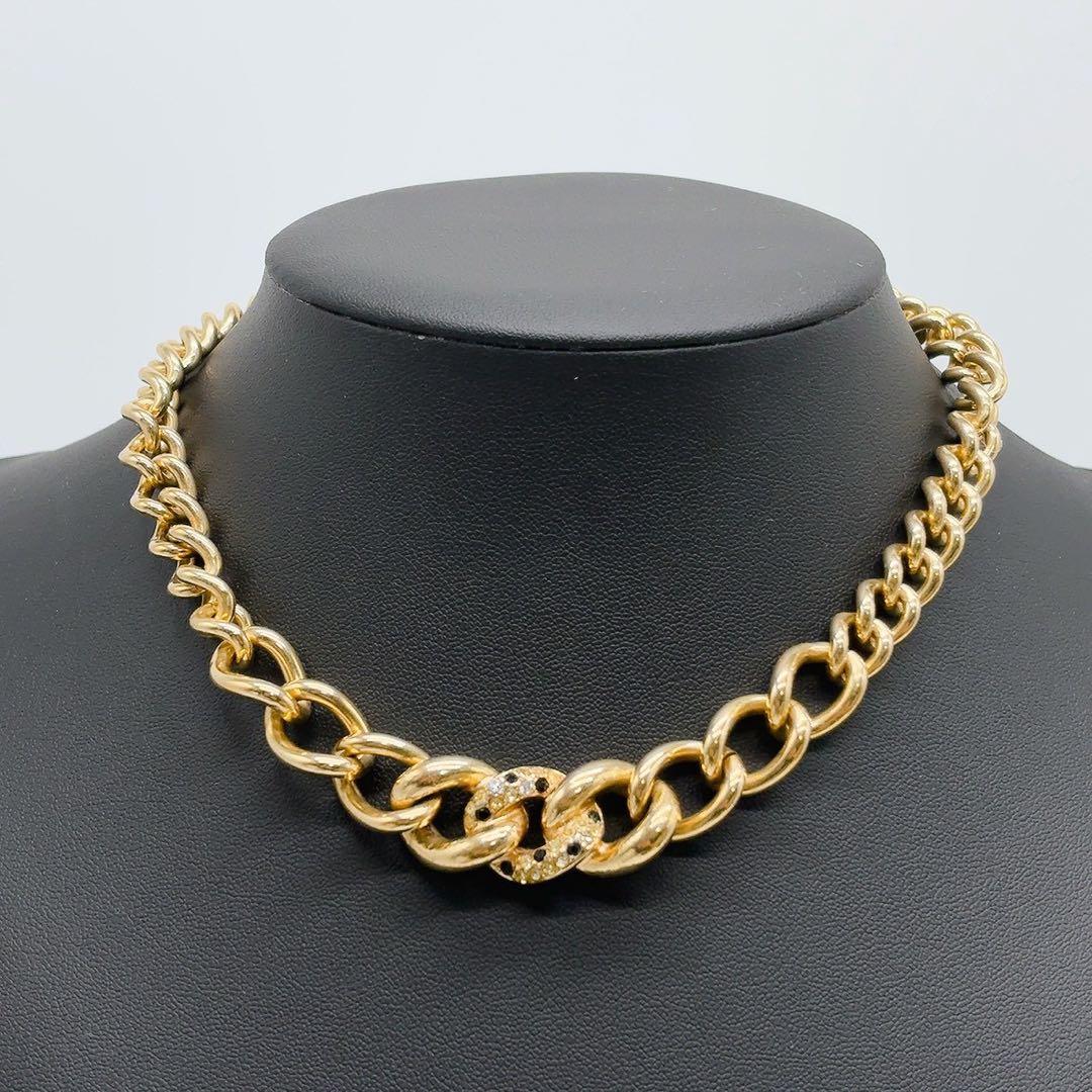 美品✨DIOゴール ネックレス 喜平 チェーン 大ぶり ラインストーン チェーンネックレス 喜平チェーン 幅6mm ステンレス IPメッキ 18k gold