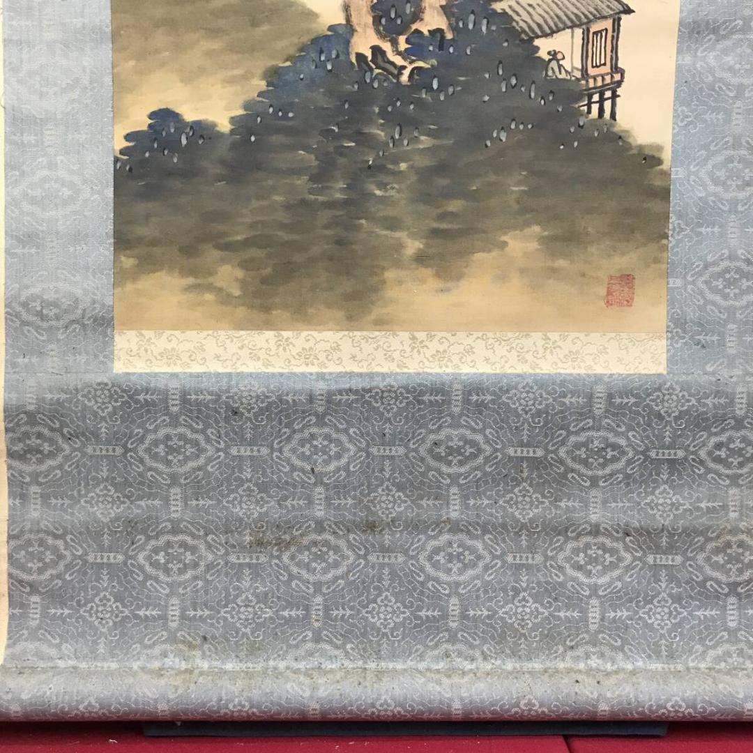 真作/武信籟山/滝山水画賛/青緑山水図/山水図/掛軸/名家伝来AH-583