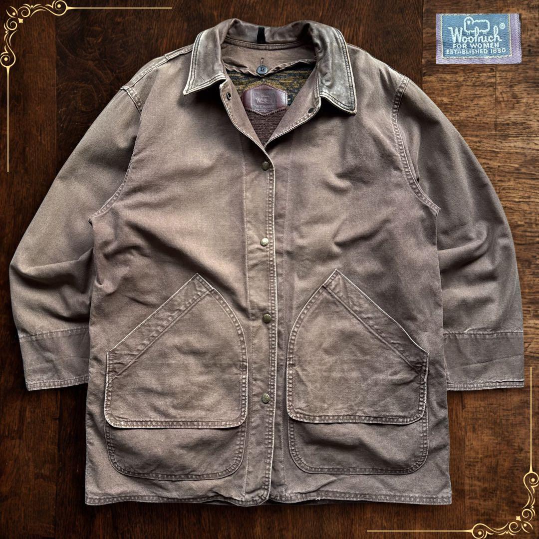 90s USA製 Woolrich 襟レザー ダック ハンティングジャケット 茶