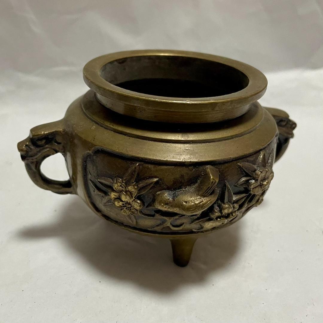 香炉 銅製 三足 鳥花鳥文 仏具 茶道具 置物 アンティーク 獅子蓋 骨董