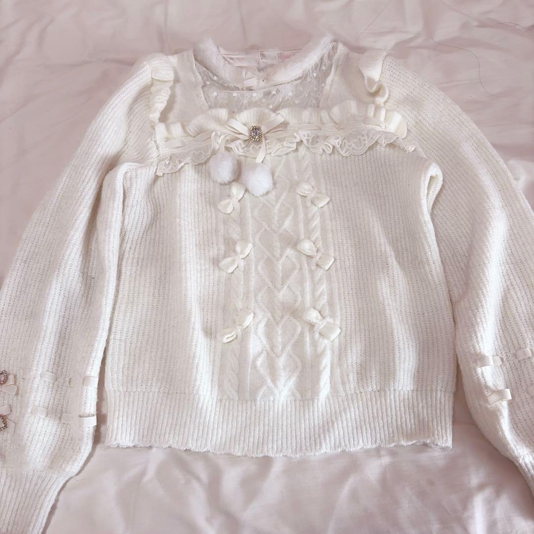 LIZLISA リズリサ モヘアタッチポンポンニットトップス ホワイト 白