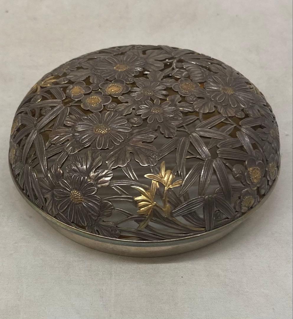 B507s「青瓷袴腰 香炉」諏訪蘇山作純銀四君子肉彫火舎 松與堂造 共箱