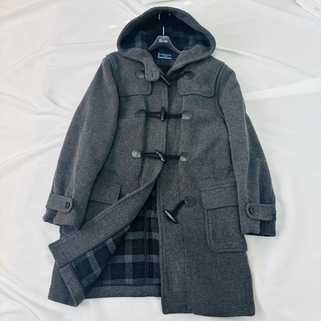 オリーブデオリーブ ダッフルコート グレー ウール 裏地チェック柄 Lサイズ オリーブデオリーブ ダッフルコート グレー ウール 裏地チェック柄 L