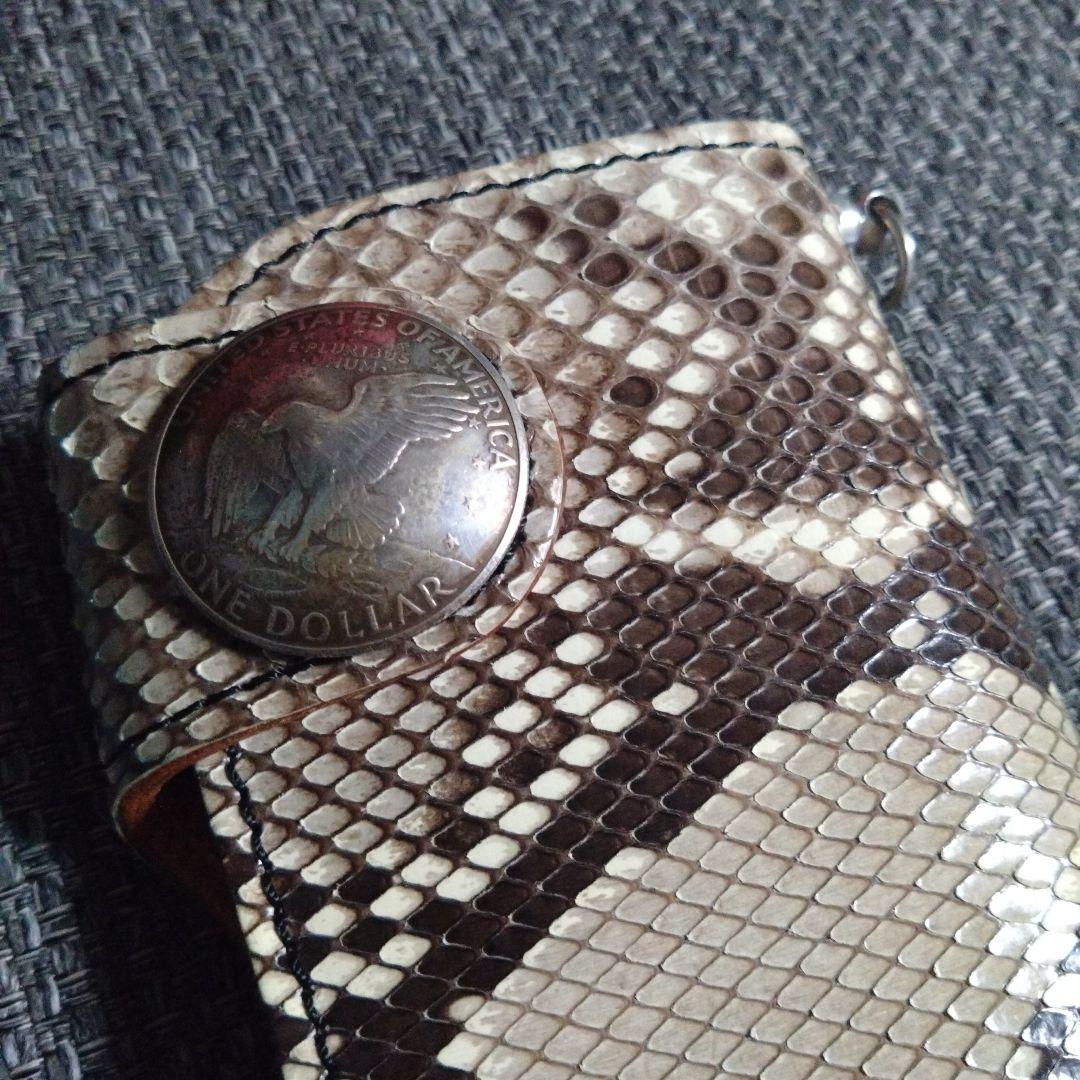 ヘビ革パイソン本革レザーバイカーウォレット長財布コンチョ