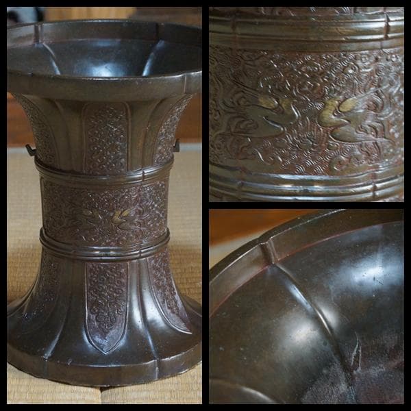 中国古美術 清 古銅大型陽刻『鳳凰祥瑞文』 尊式花生花器 葵口双耳 唐