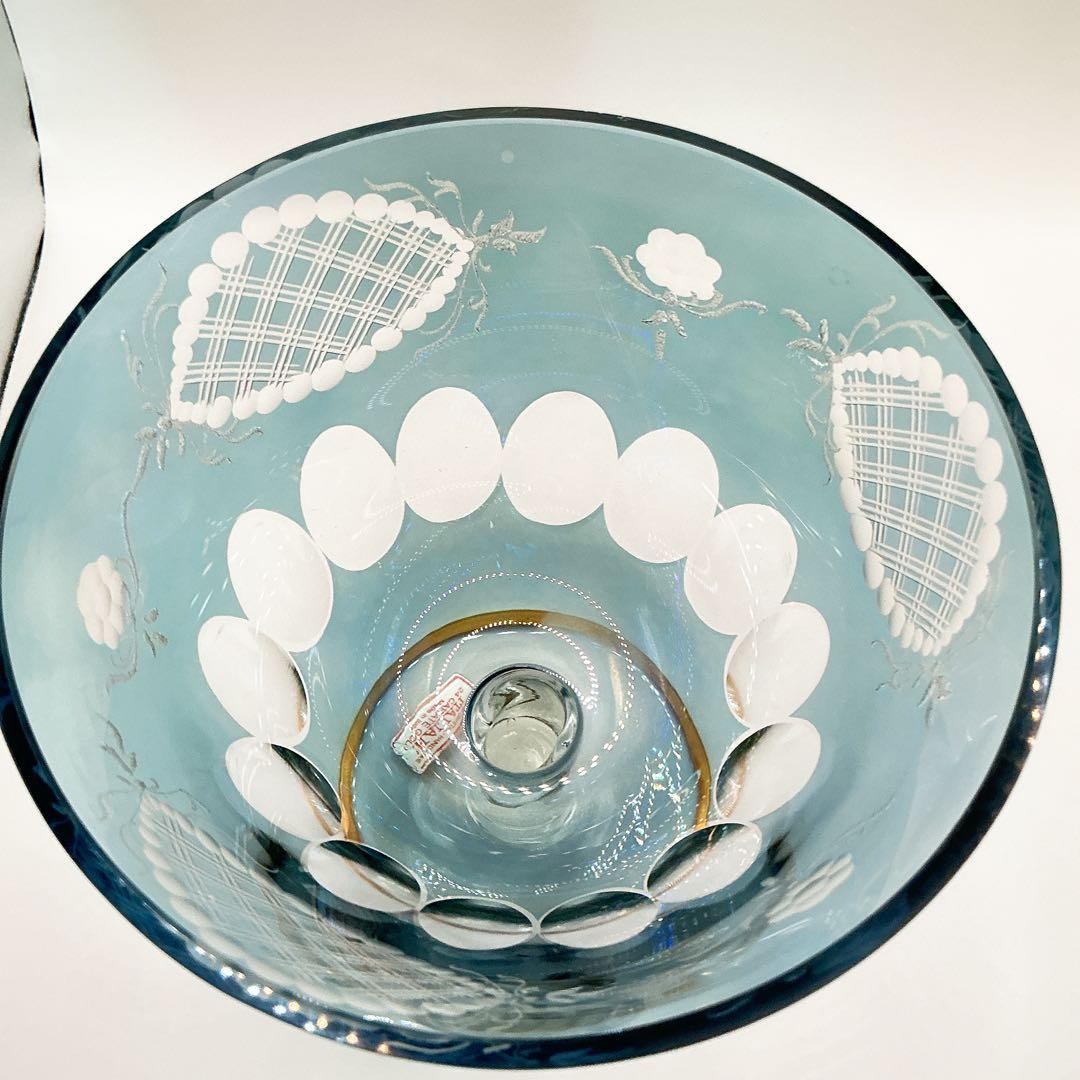 イタリア製 クリスタル ガラス アンティーク 脚付 24金 切子 ブルー