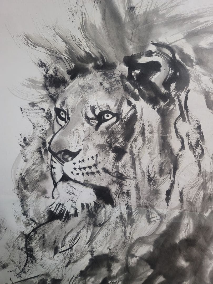 王可伟氏の中国画作品『王者』国画 水墨画 ライオンの図 中国の著名な