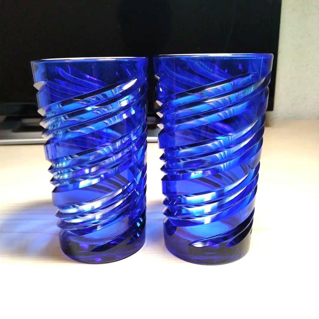 新品ツイストデザインブルークリスタルカットタンブラーグラスペア江戸