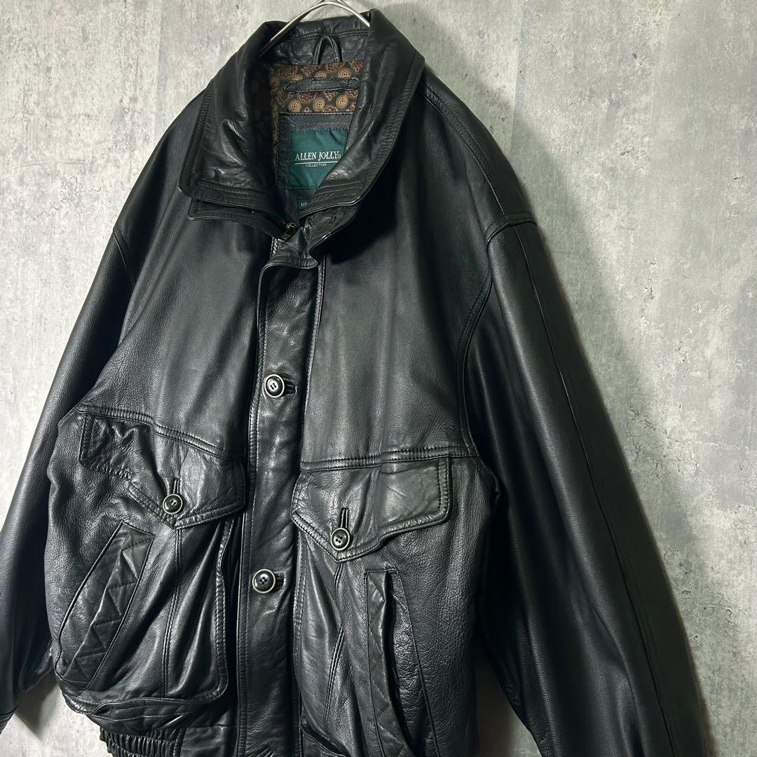 高級 羊革 レザージャケット 裏地総柄 黒 A2 柔らかい 肩パッドなし