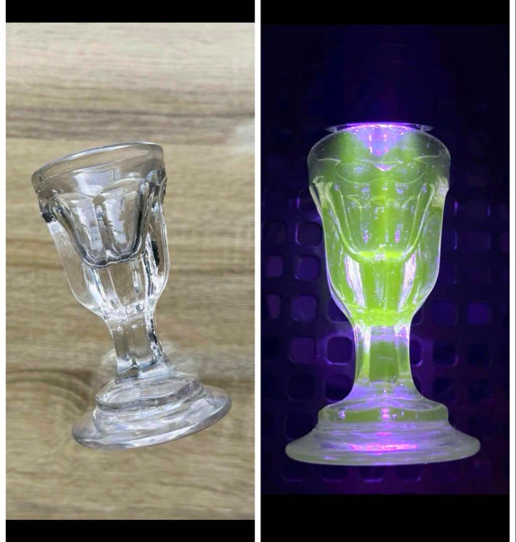 骨董　時代ガラス　厚底　トロンプルイユ　リキュールグラス　盃　酒器　ウラン① トロンプルイユ リキュールグラス フランスアンティーク アンティーク