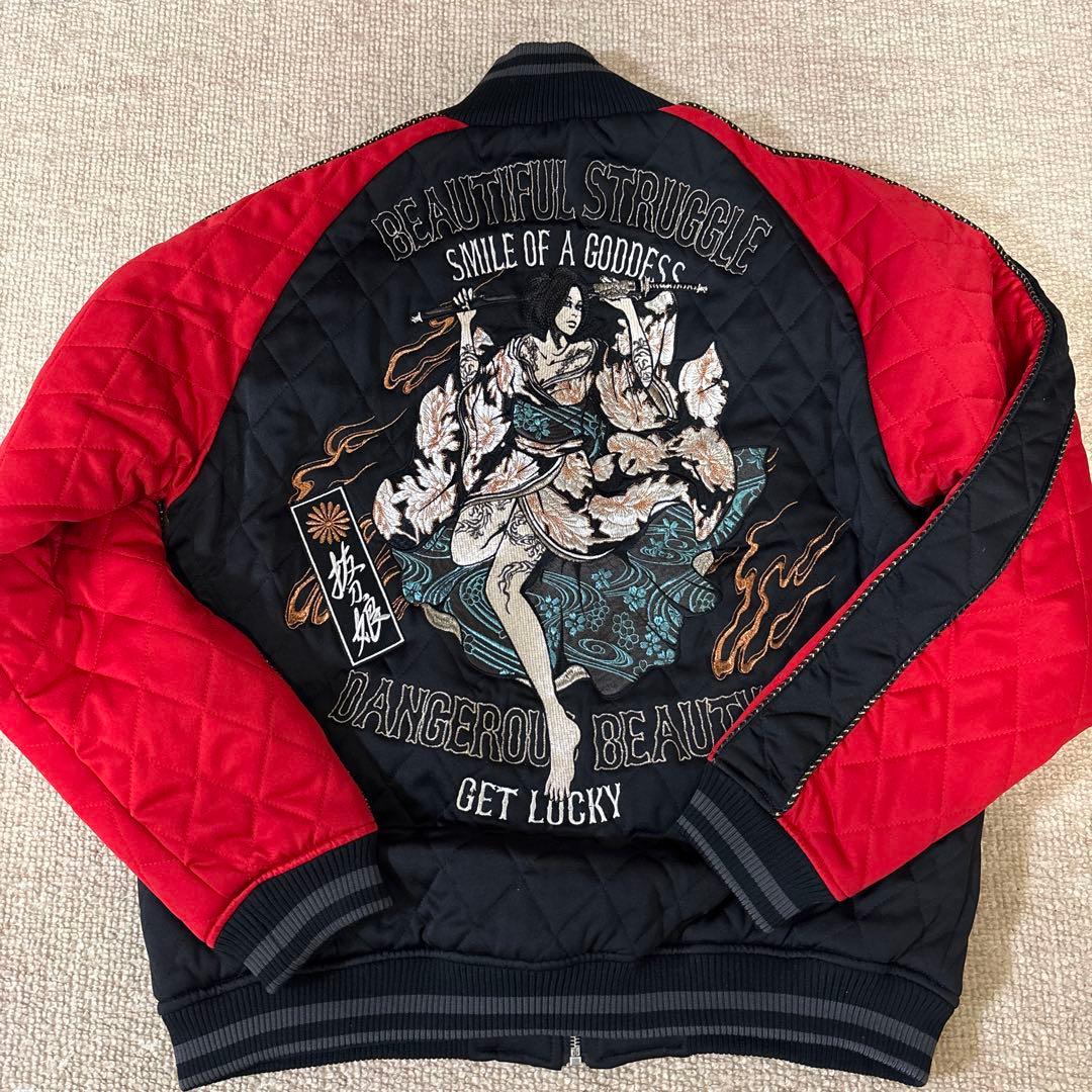 抜刀娘 DIVINE RETRIBUTION スカジャン 抜刀娘】レア リバーシブル 2way 超豪華刺繍 ラメ スカジャン 和柄