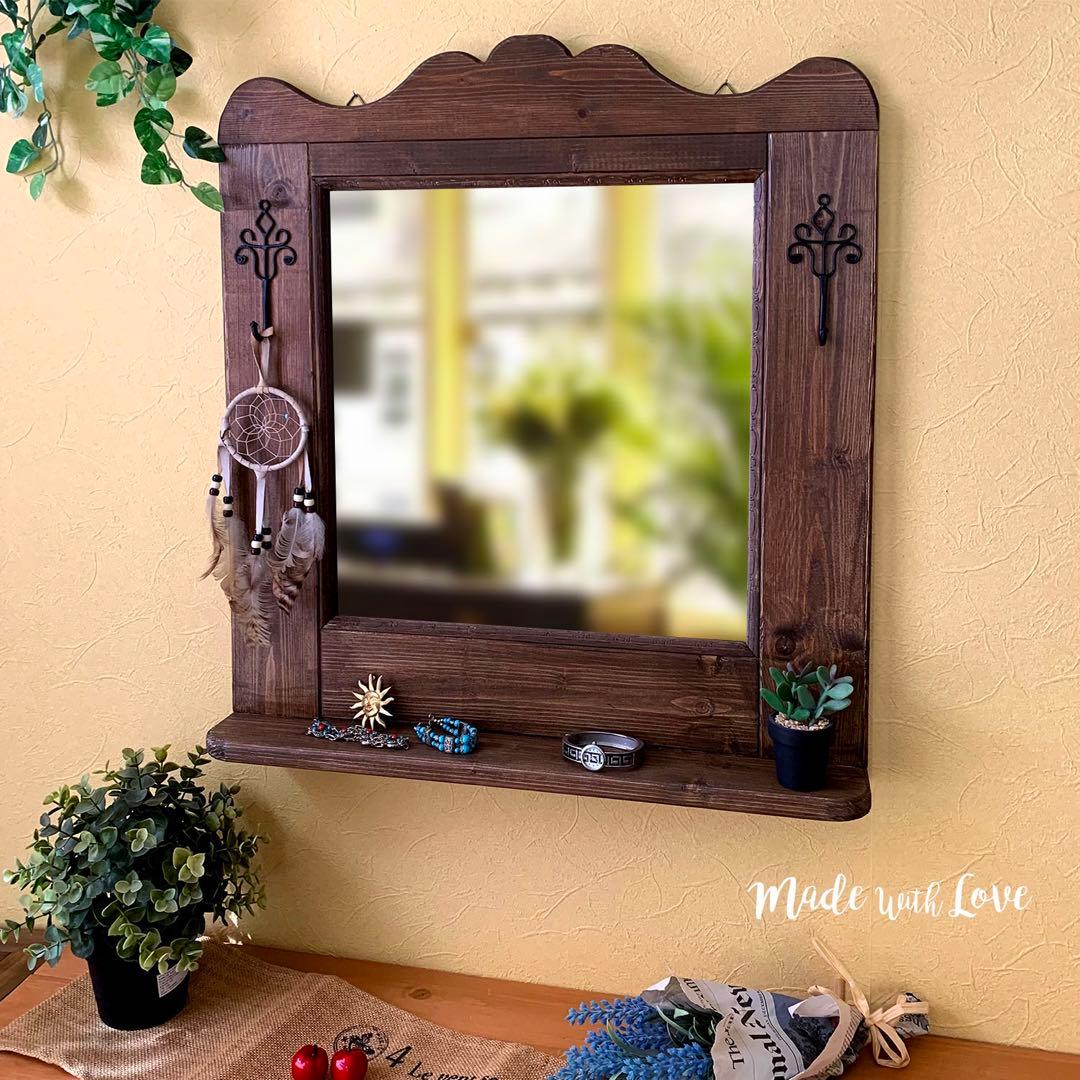 壁掛け【木製ウォールミラー】アンティーク風/0717 壁掛け【木製ウォールミラー】アンティーク風/フック付き 鏡 0425