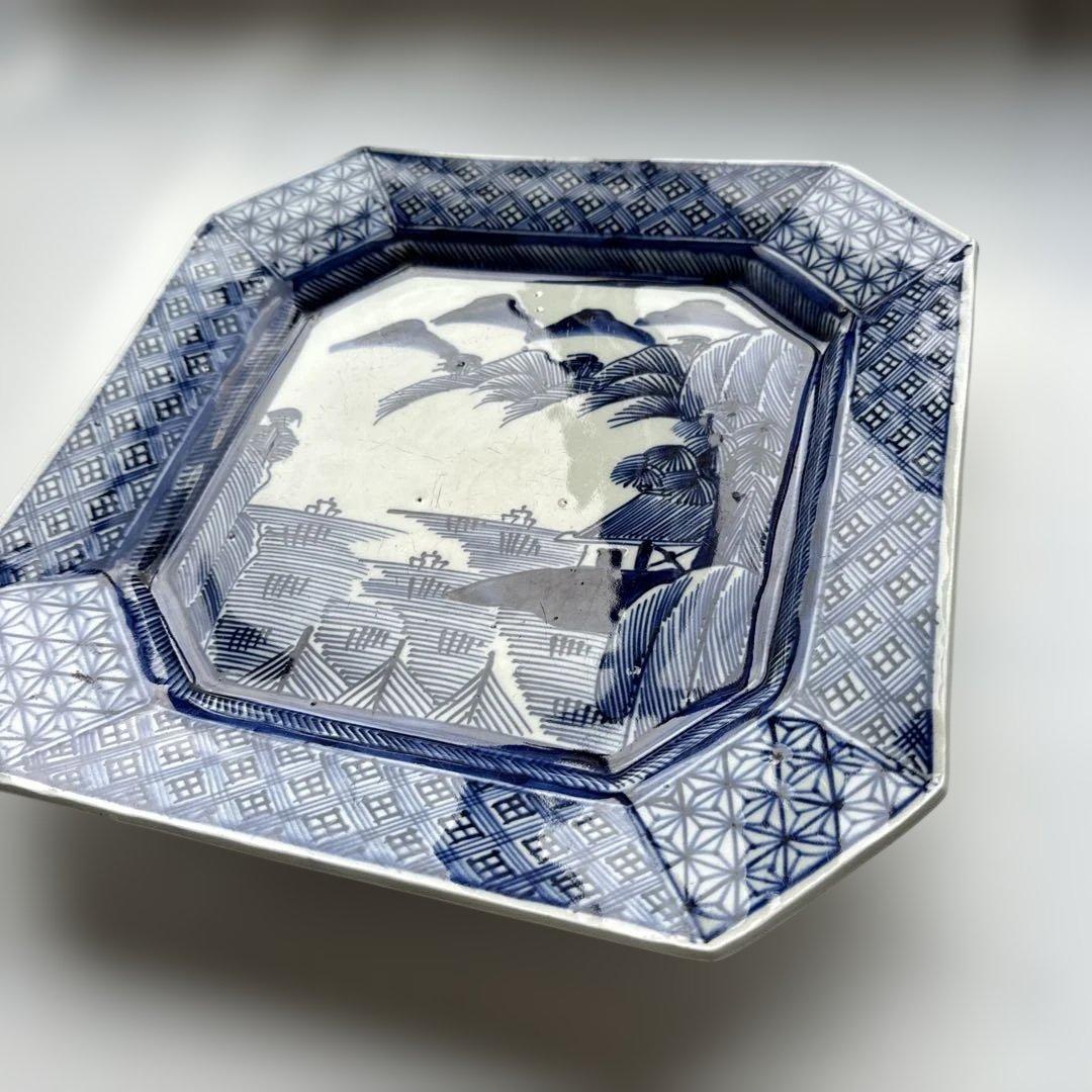 青と白の八角形皿　アンティーク　骨董　大皿