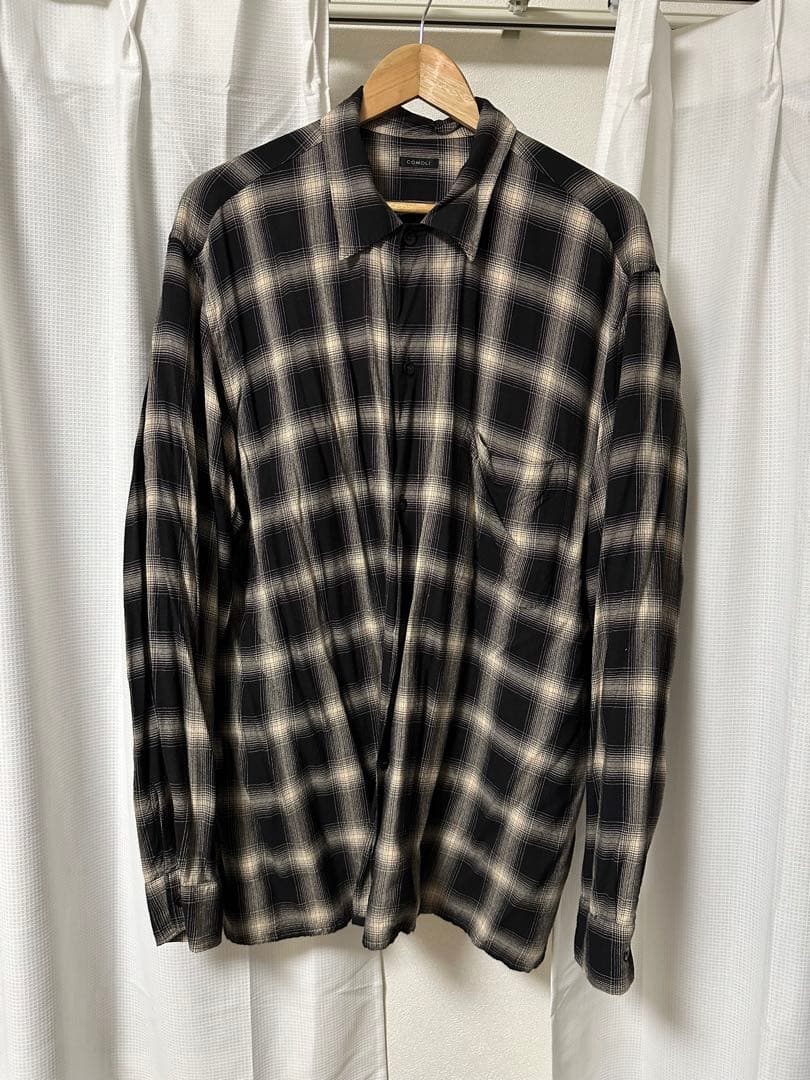 COMOLI (コモリ) レーヨンチェック オープンカラーシャツ　3 COMOLI (コモリ) レーヨンチェック オープンカラーシャツ