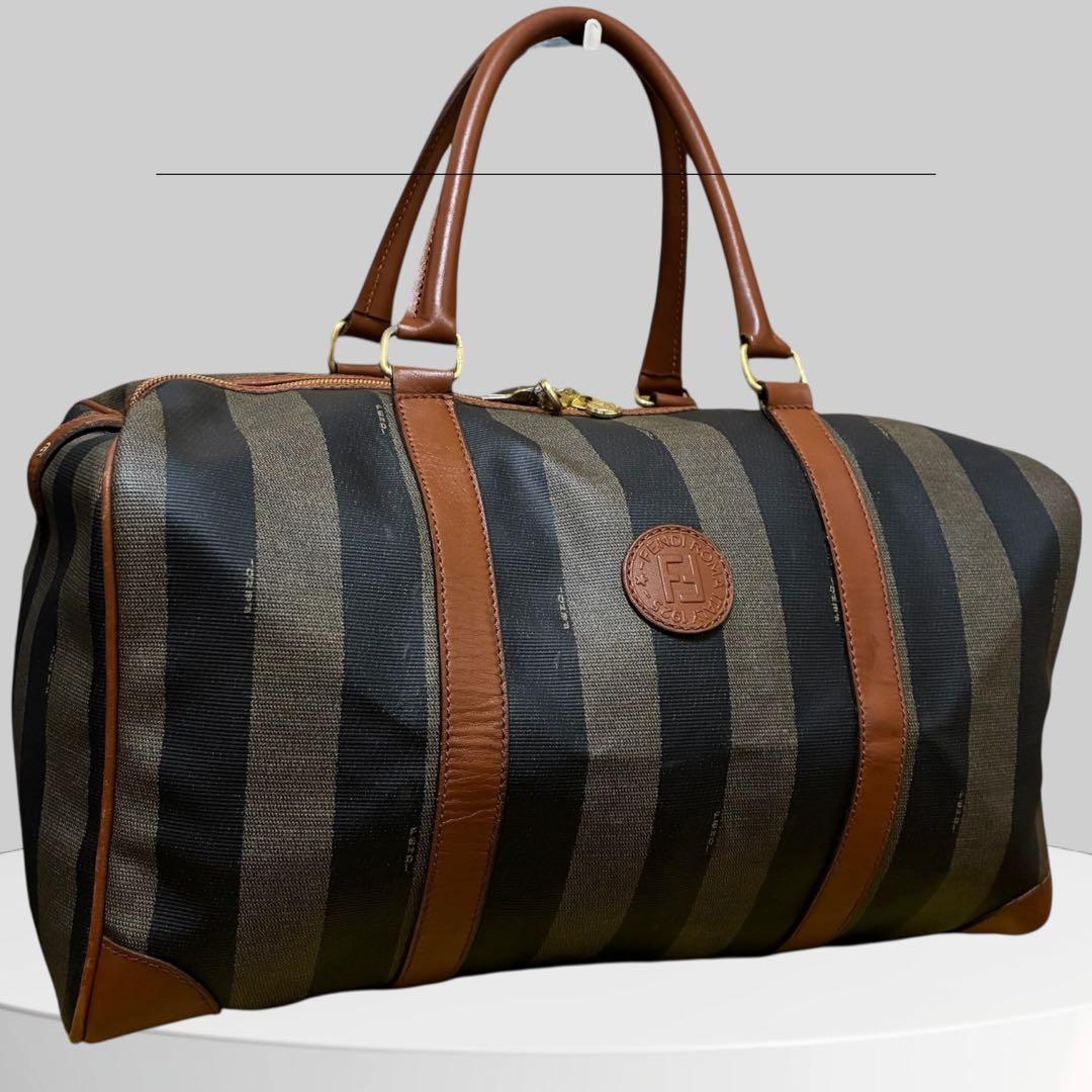 美品 FENDI フェンディ ペカン ボストンバッグ 南京錠 PVCレザー 黒茶