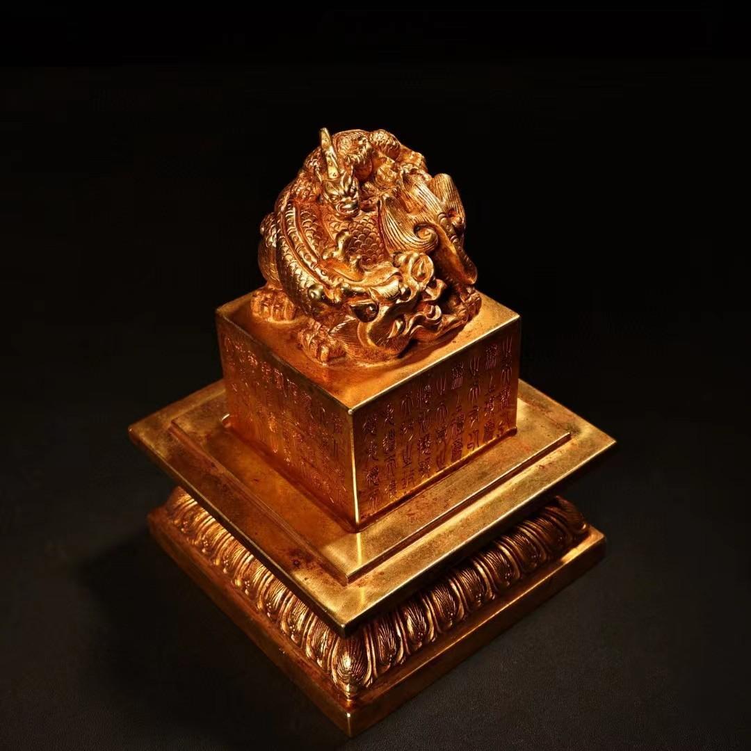 中国古美術・旧蔵鏨刻鎏金錾花の親子印鑑・純銅赤銅製・高浮彫・置物