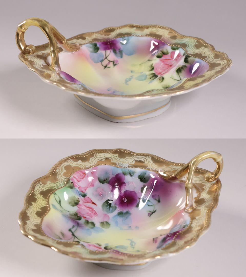 CM297】オールドノリタケ 花 皿 薔薇 パンジー 金彩 イエロー 黄色