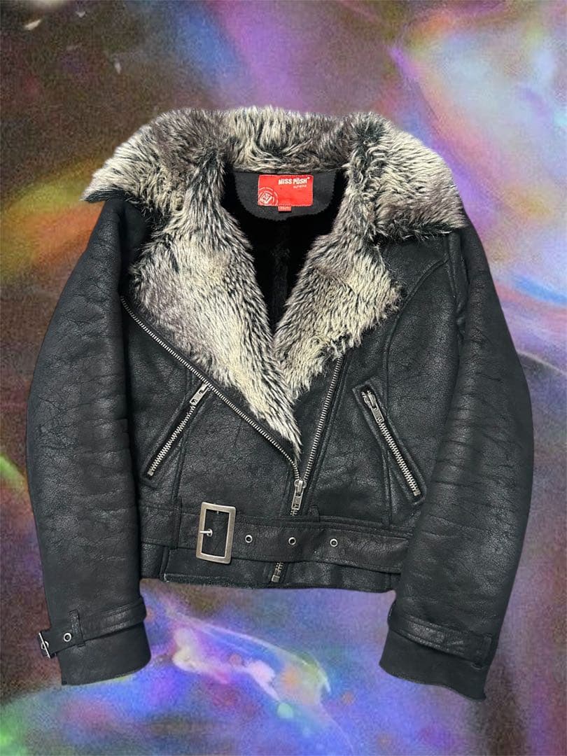 Y2K☆ファー☆ライダースジャケット☆ムートン 黒 アウター