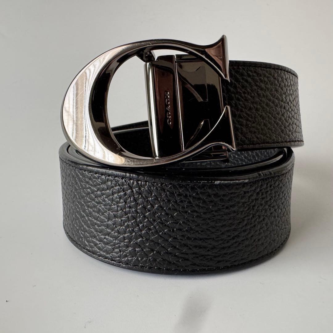 極美品】コーチ シグネチャー リバーシブル ベルト メンズ シボ革 黒