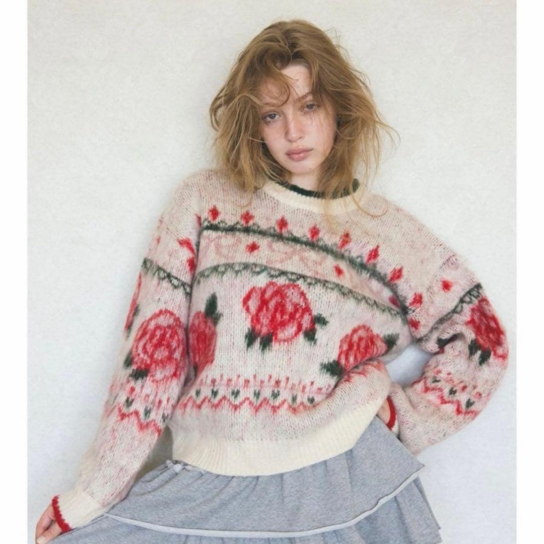 カルナムール CALNAMUR ローズ＆リボンジャガードニット ホワイト