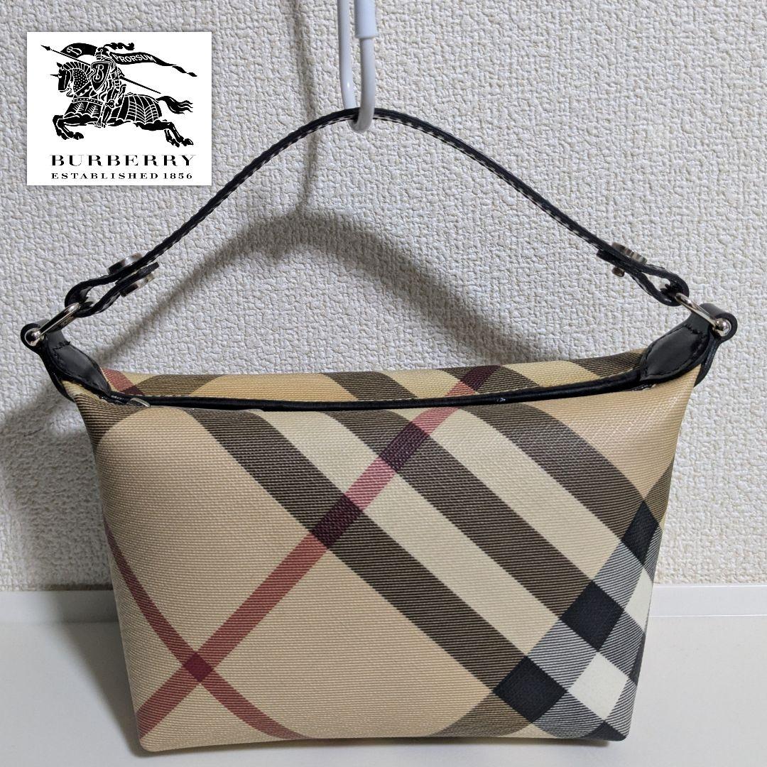 美品★バーバリー ノバチェックポーチ ハンドバッグ ストラップ ブラック レザー BURBERRY（バーバリー） 並行輸入 ポーチ ヴィンテージチェック