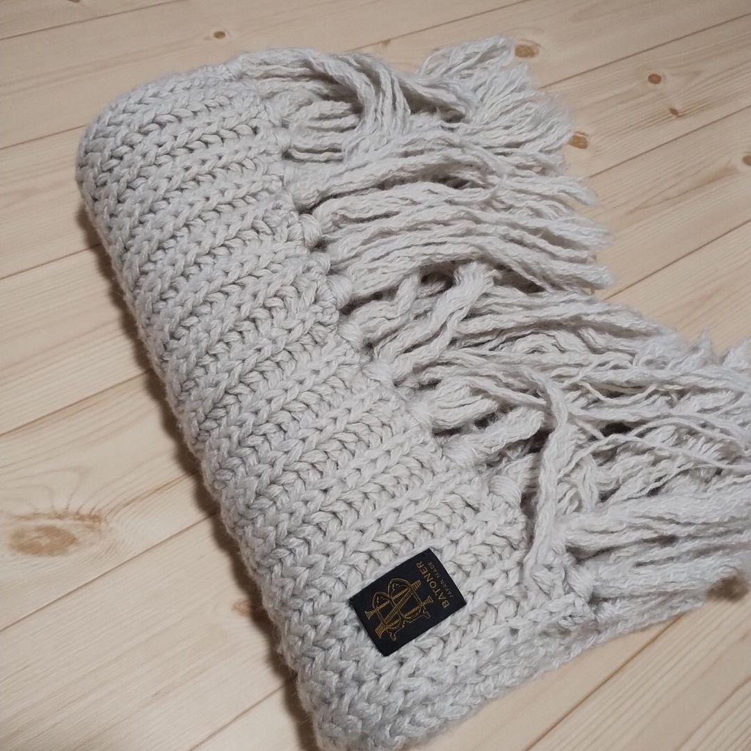 BATONER ニットマフラー フリンジ付き ウールアルパカ混アイボリー系