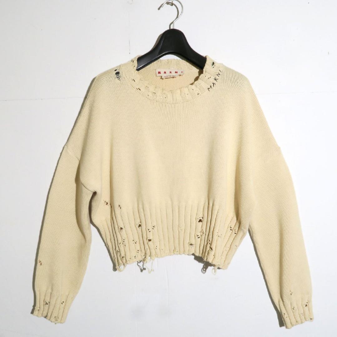 MARNI ロゴ刺繍 ダメージ加工 コットンニット クロップドジャンパー