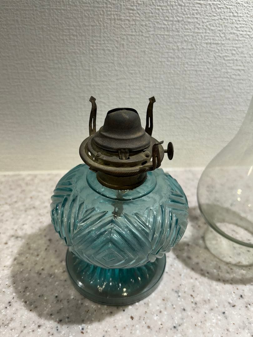 青色ガラスオイルランタン アンティーク和物ガラス骨董品