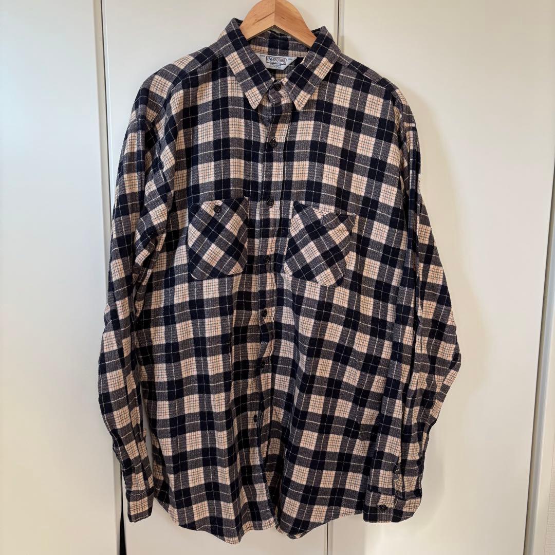 USA製 ビンテージ FIVE BROTHER プリント ネルシャツ XL 古着 90s USA製 FIVE BROTHER 好配色 ブルー × ブラック チェック