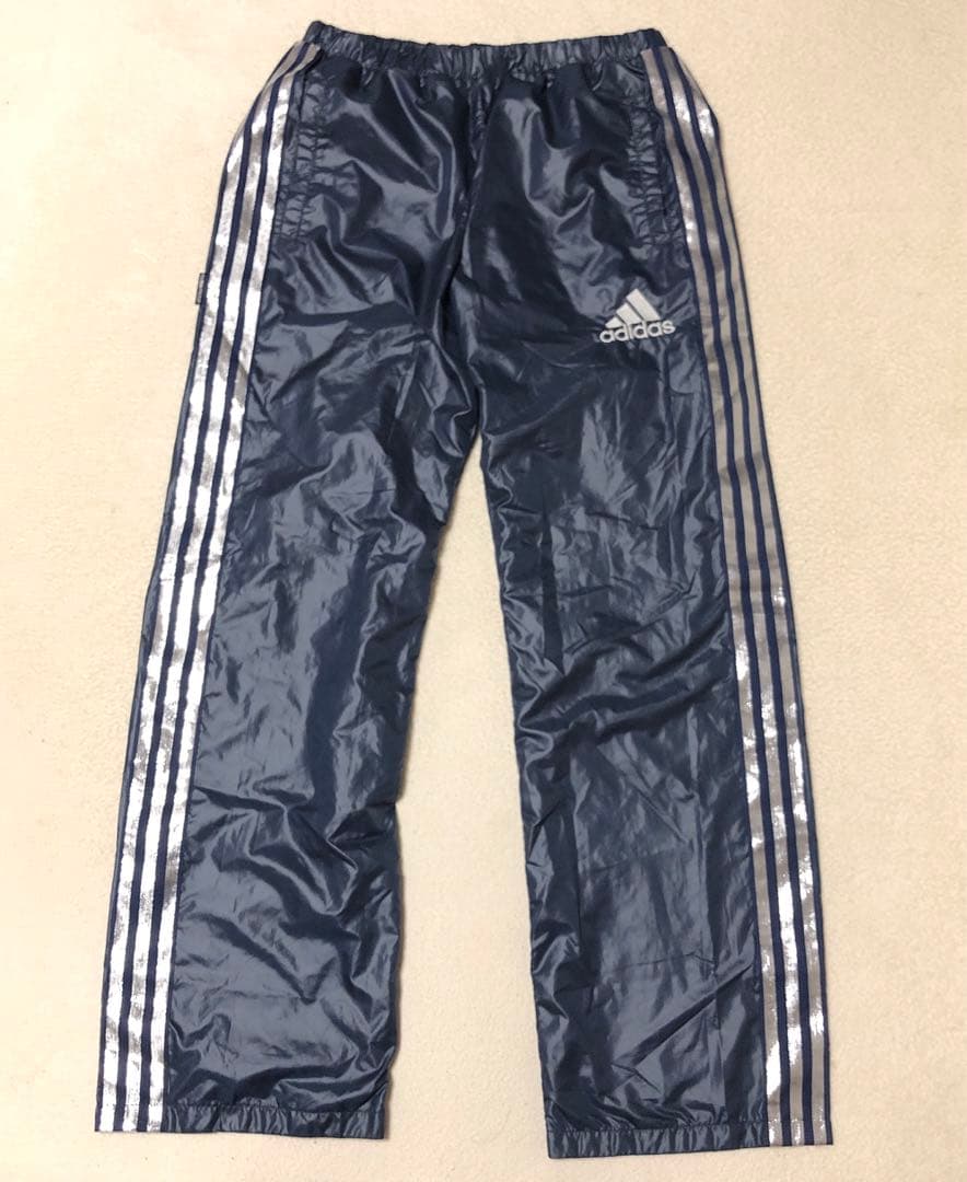 美品 adidas ウインドブレーカー上下 ネイビー 光沢シルバーライン 高