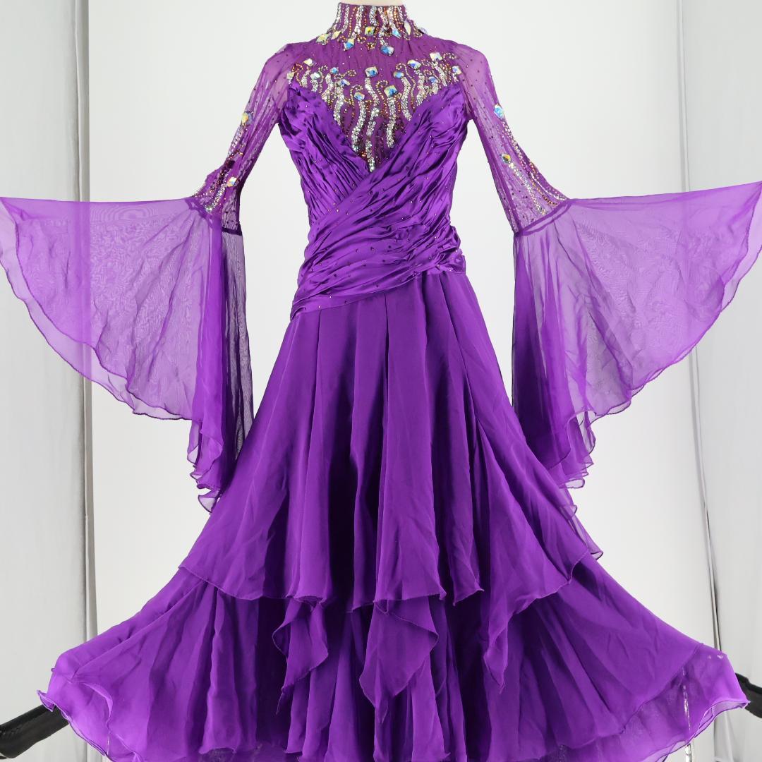 社交ダンス衣装】パープル ワンピース ドレス 紫 フリル レース 高級感