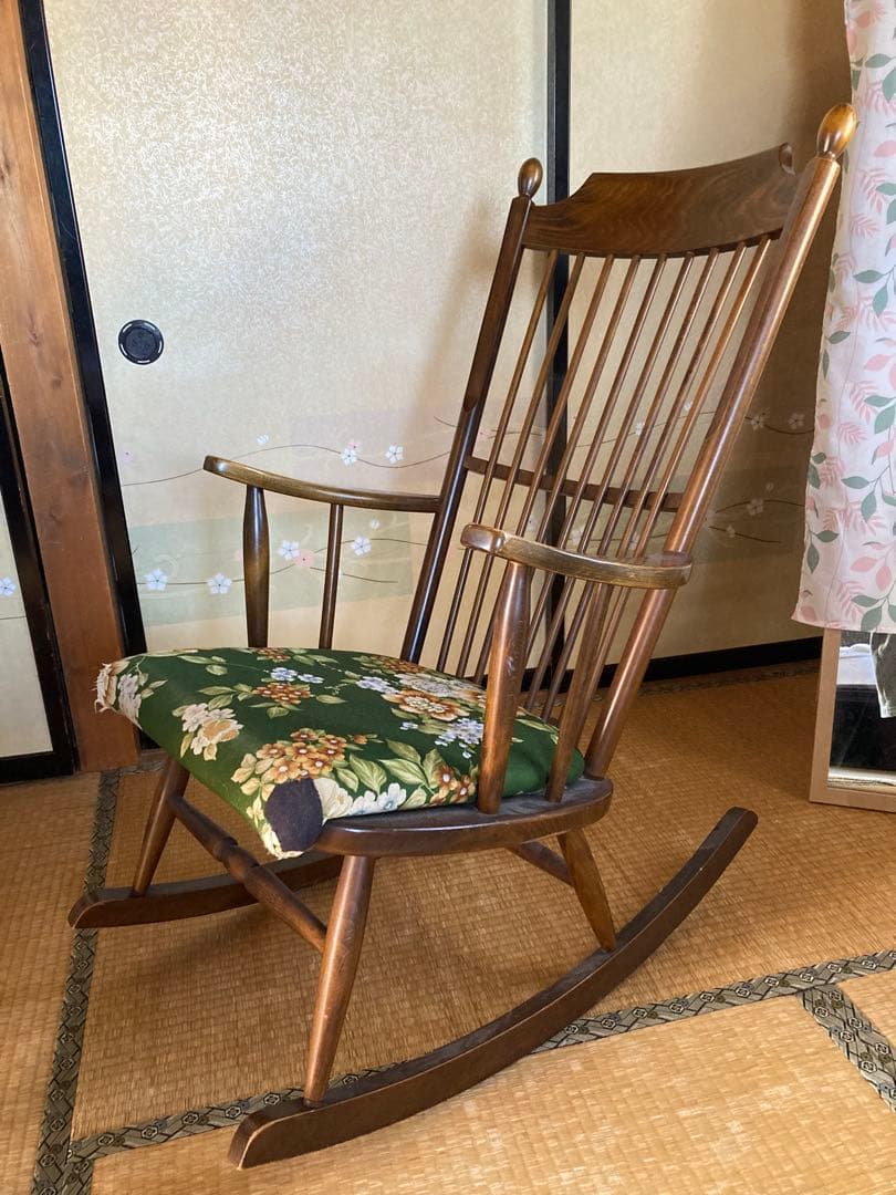 木製ロッキングチェア 花柄クッション付き リクライニングチェアクッション寝椅子クッションロッキングチェア