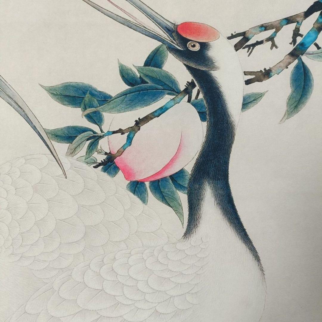 【鑑定書付】齊白石「賀寿図」中堂掛軸 防偽標識付 宣紙装裱済 70×173cm