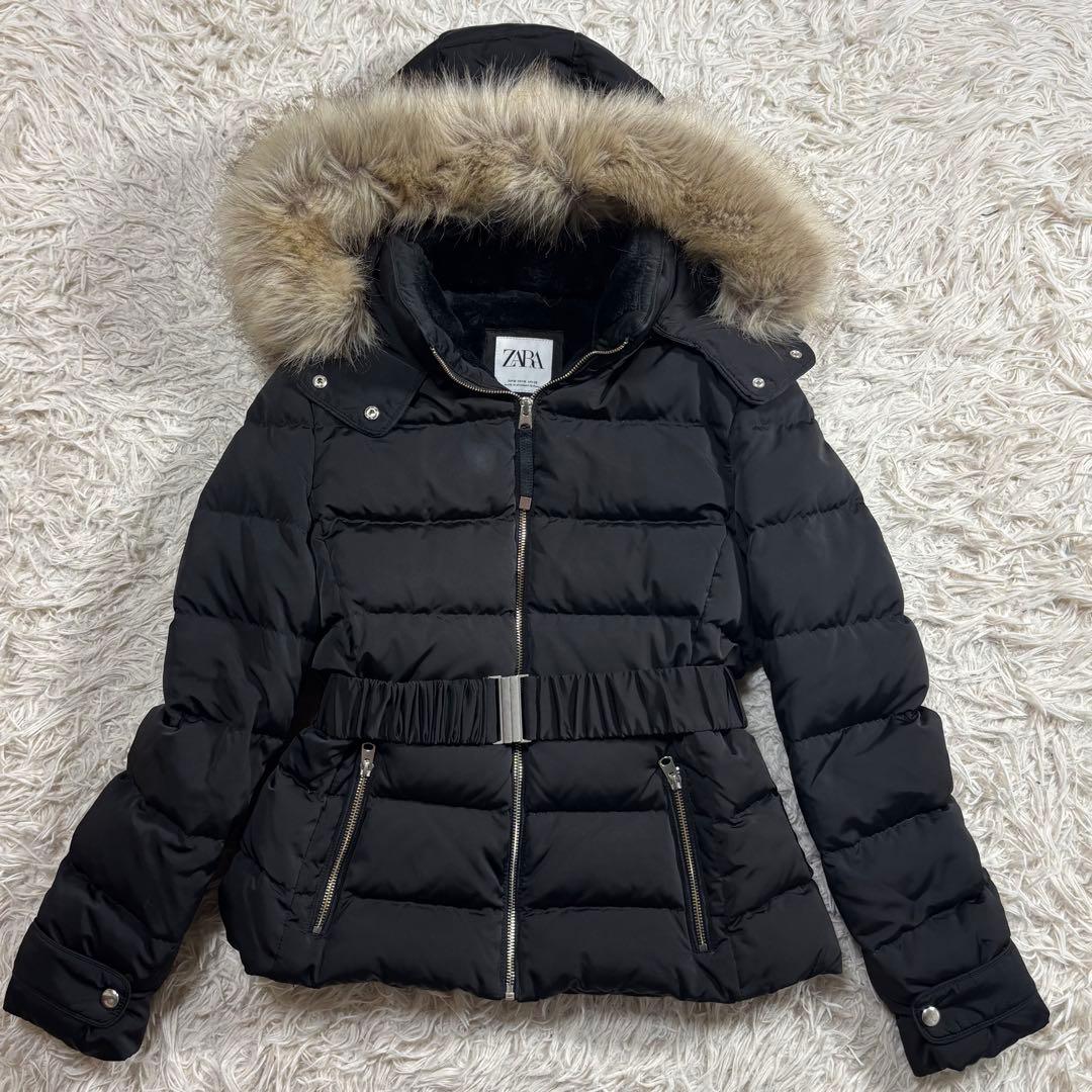 ZARA ザラ ファー付ダウンジャケット ベルト 撥水 ブラック M - メルカリ
