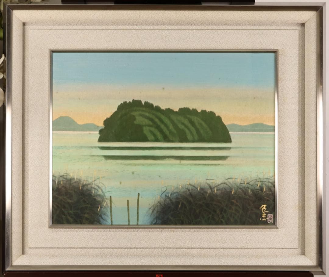 真作】 樋口辰志 「 朝爽（竹生島） 」 6号 日本画 共シール BK096