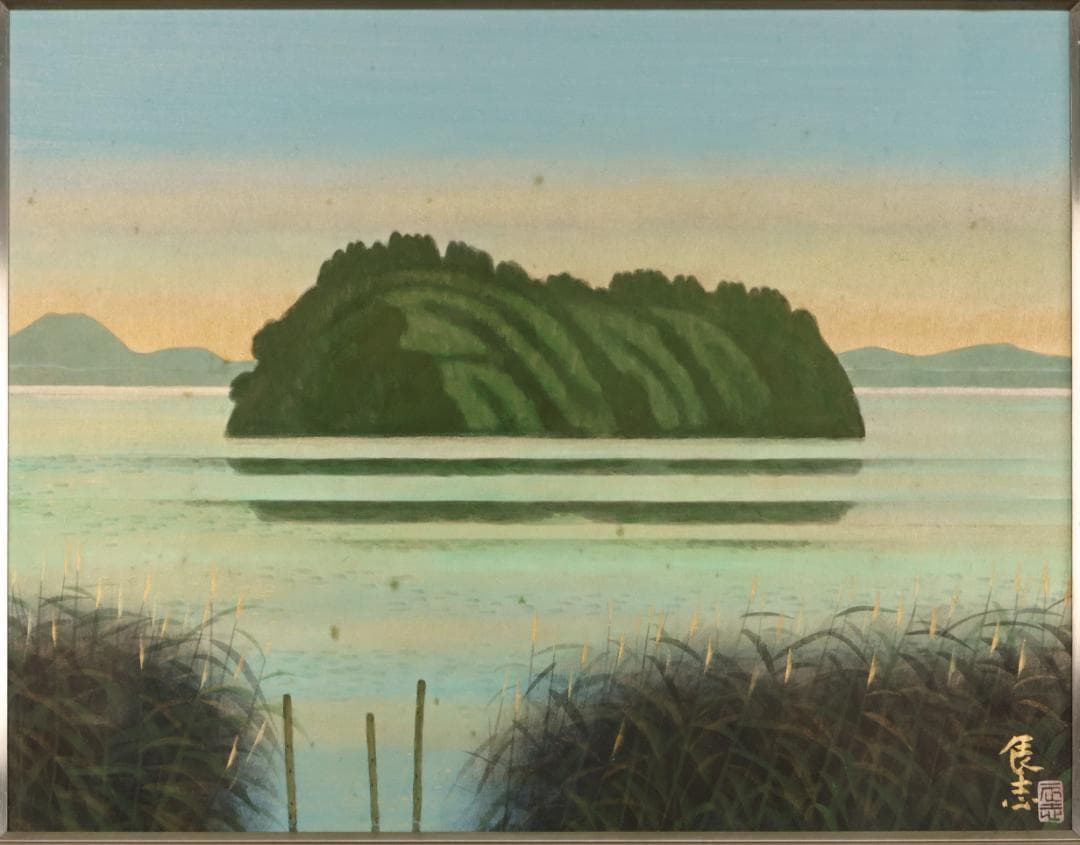 真作】 樋口辰志 「 朝爽（竹生島） 」 6号 日本画 共シール BK096