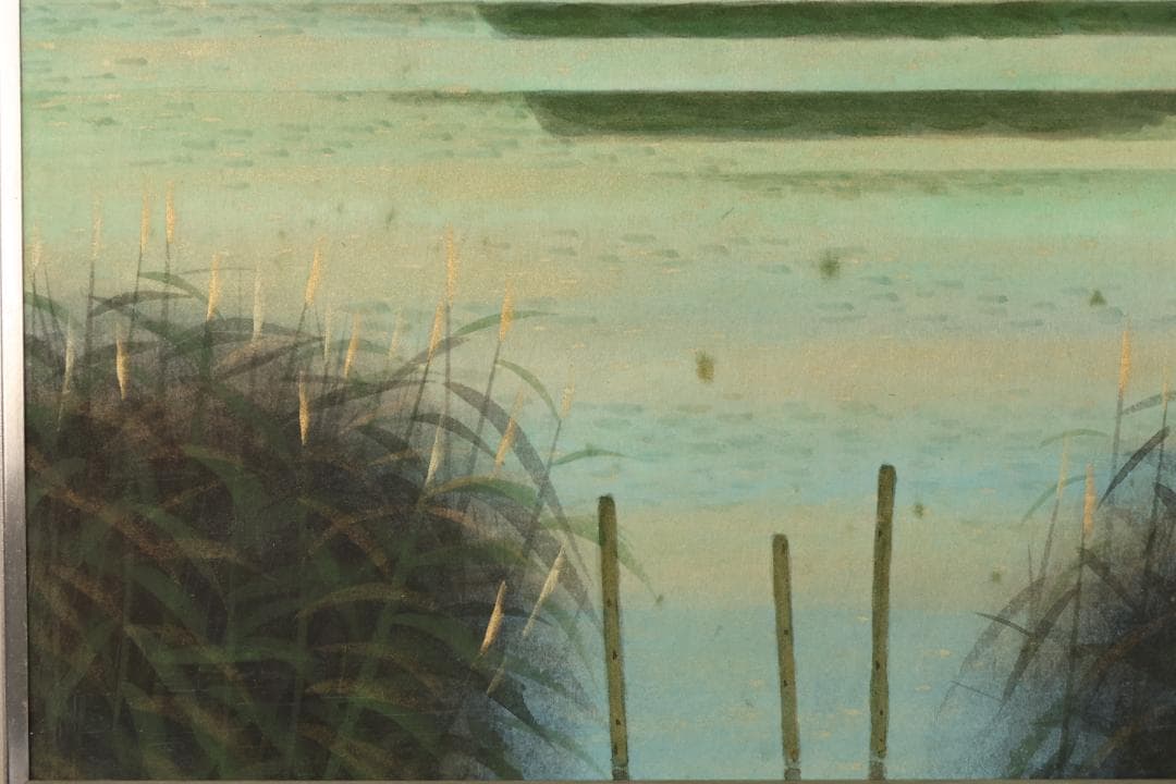 【真作】　樋口辰志 「 朝爽（竹生島） 」　6号　日本画　共シール　BK096