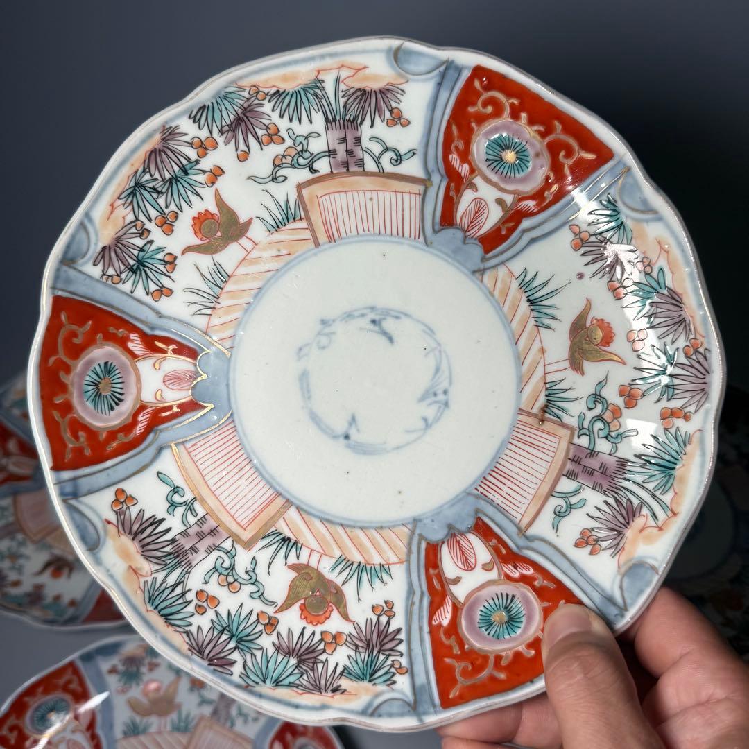 古伊万里 色絵花鳥図輪花形七寸皿 5枚 松竹梅 裏巻物文様