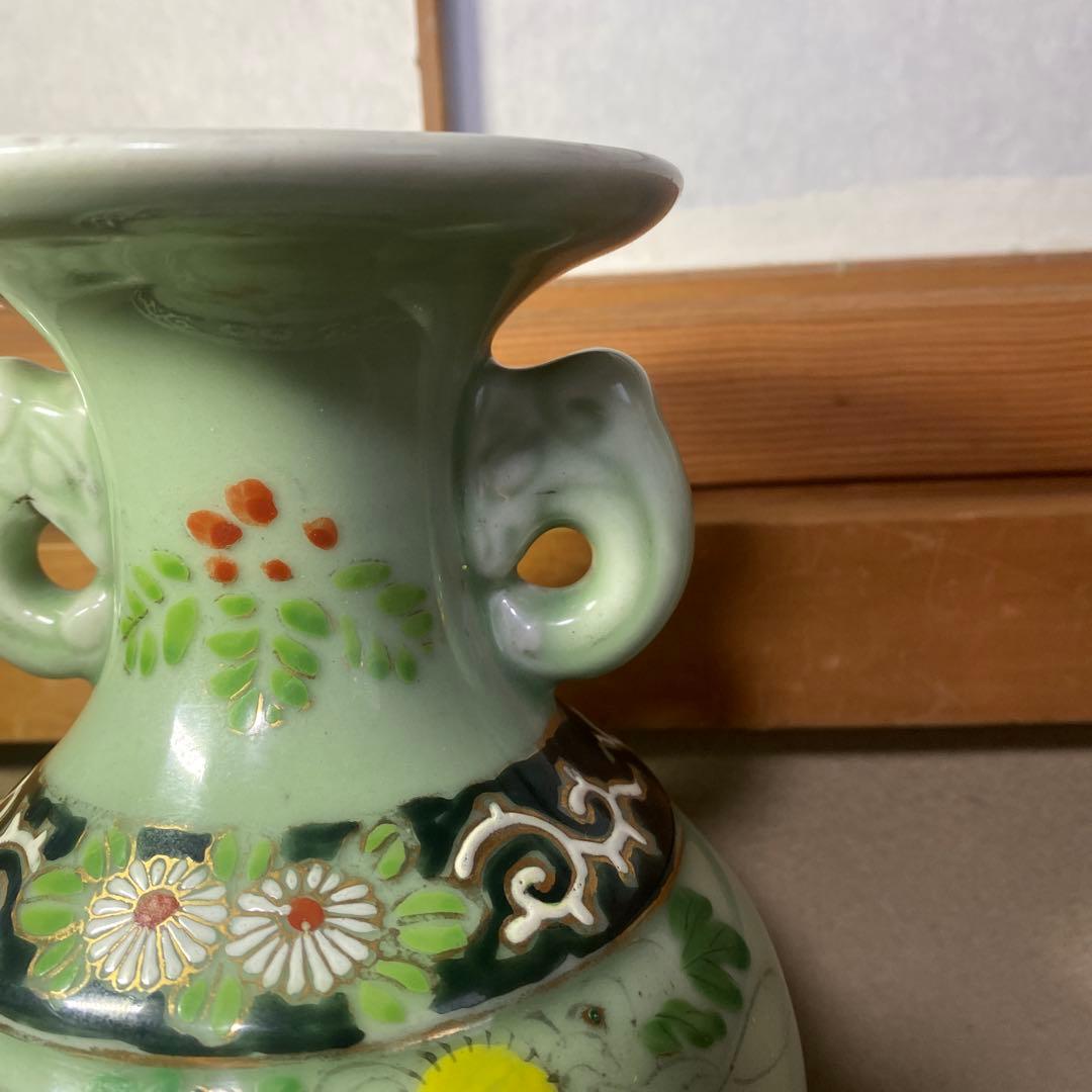 龍耳付色絵青磁花瓶 【作名有】