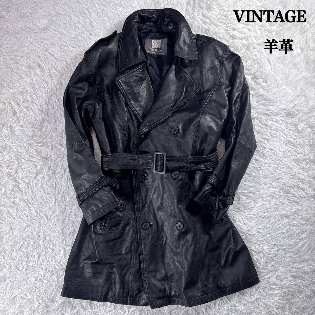 ヴィンテージ】レザートレンチコート 羊革 ブラック ベルト付き 90s
