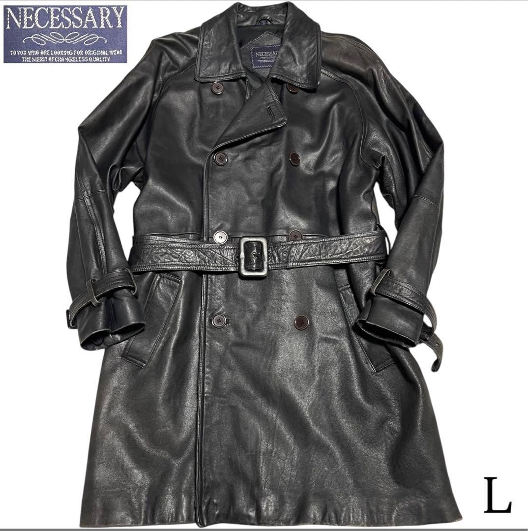 NECESSARY】羊革 本革 マキシ丈ラムレザーロングトレンチコート 黒 L