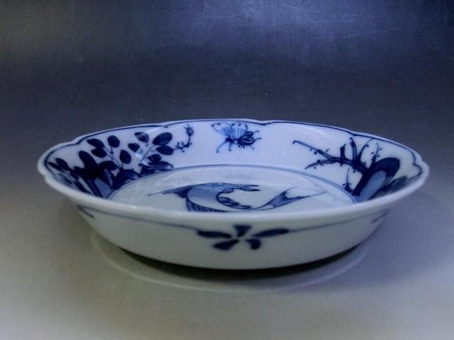 皿□角福 魚紋染付 唐草 蝶 花弁型 古伊万里 古美術 時代物 骨董品