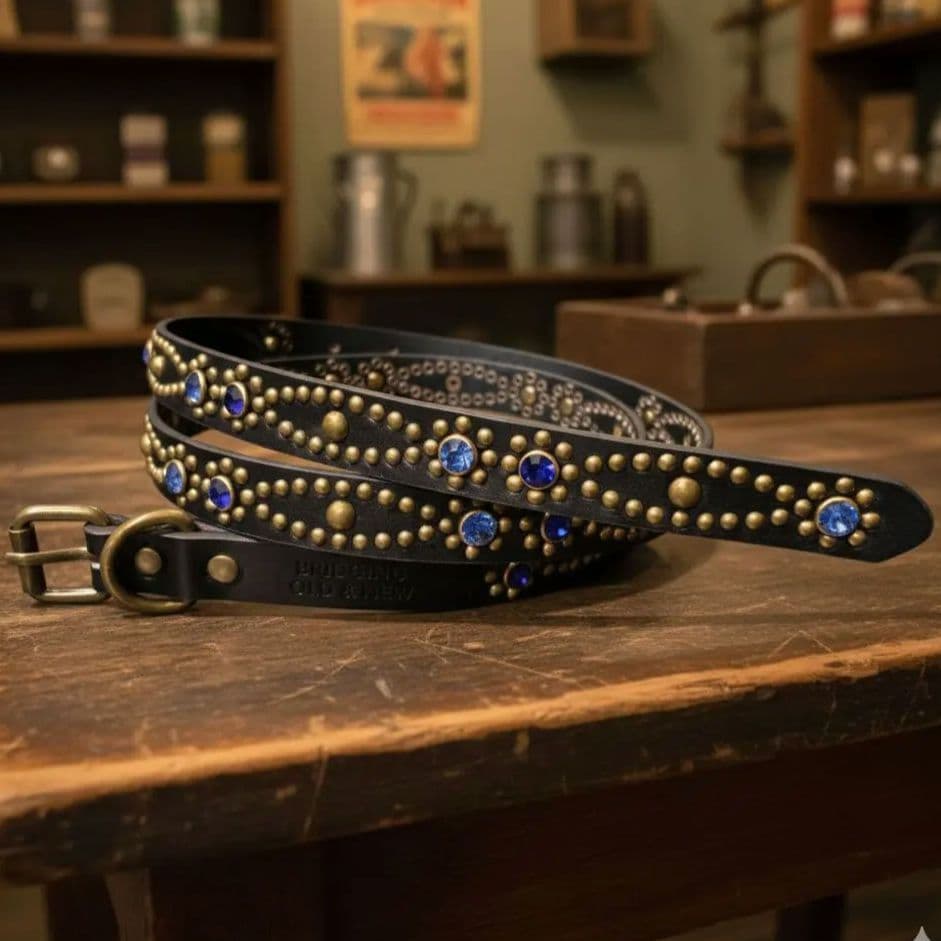 クロス青□本革レザーフルスタッズナローベルト☆アメカジヴィンテージ